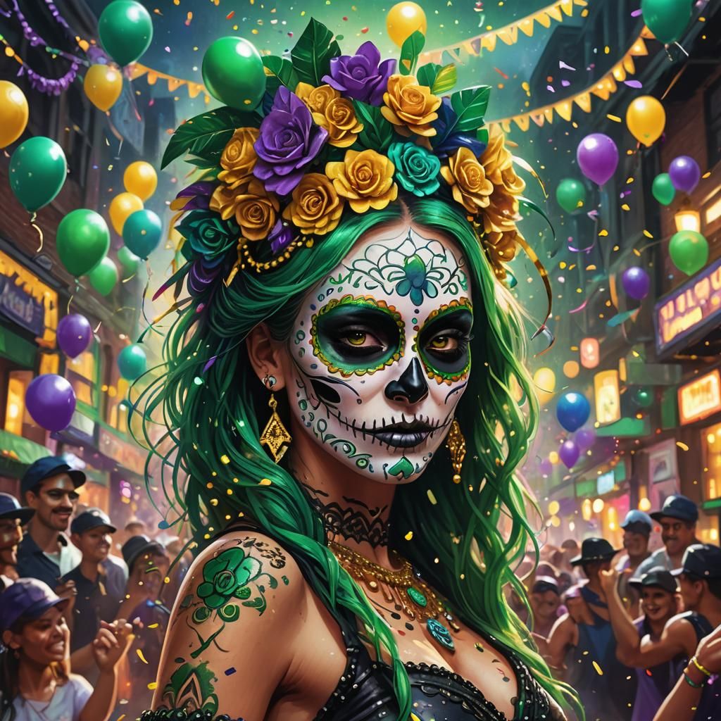 Green-Haired Sugar Skull Celebrates Mardi Gras