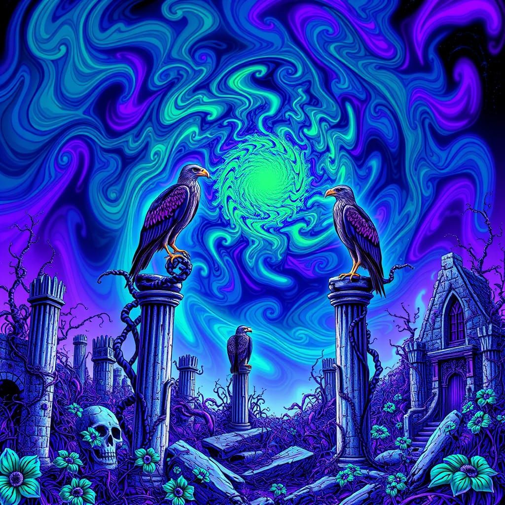 Skeletal Ruins with Buzzards in Fractal Vortex