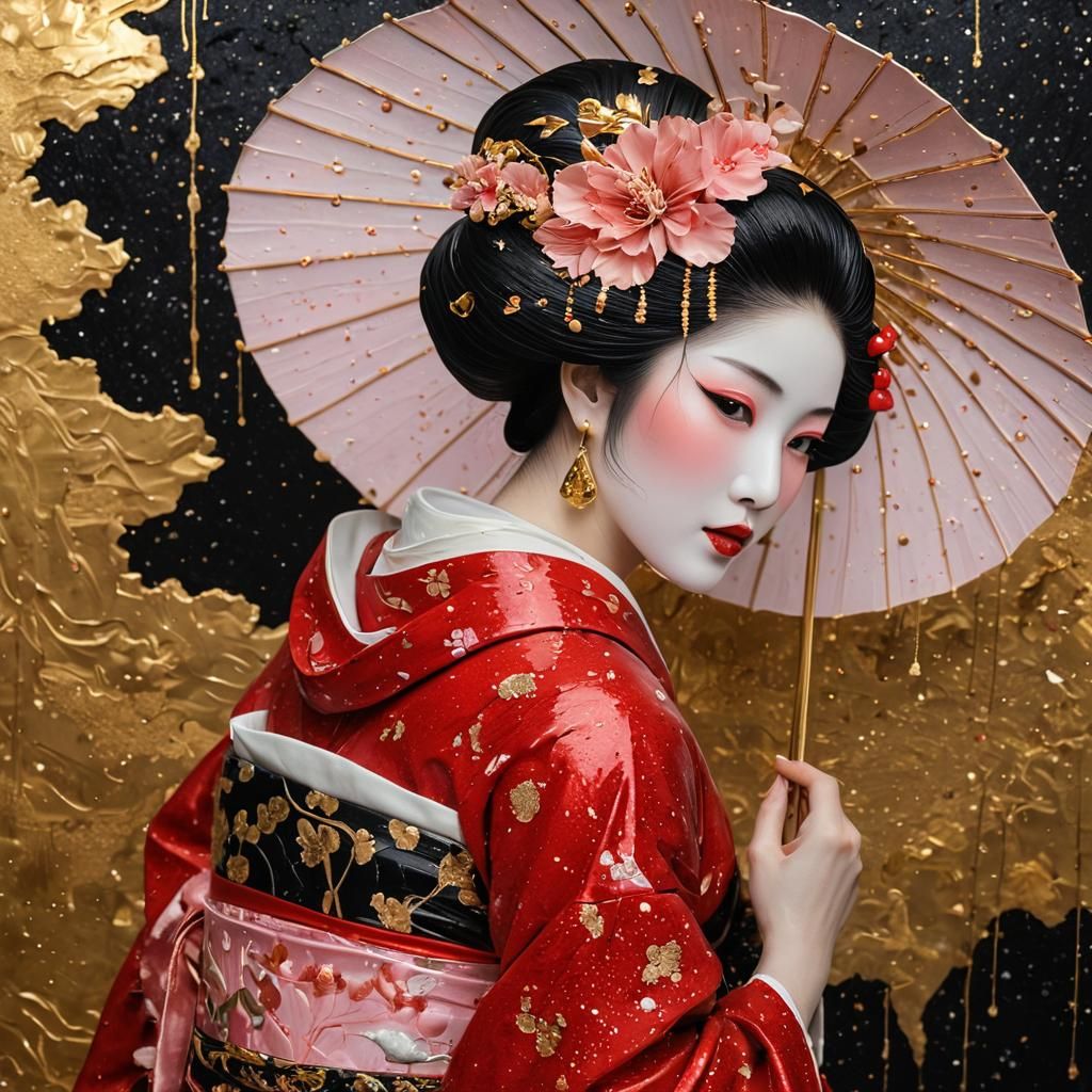 Geisha in Rainy Landscape: Maximalist Kintsugi Collage
