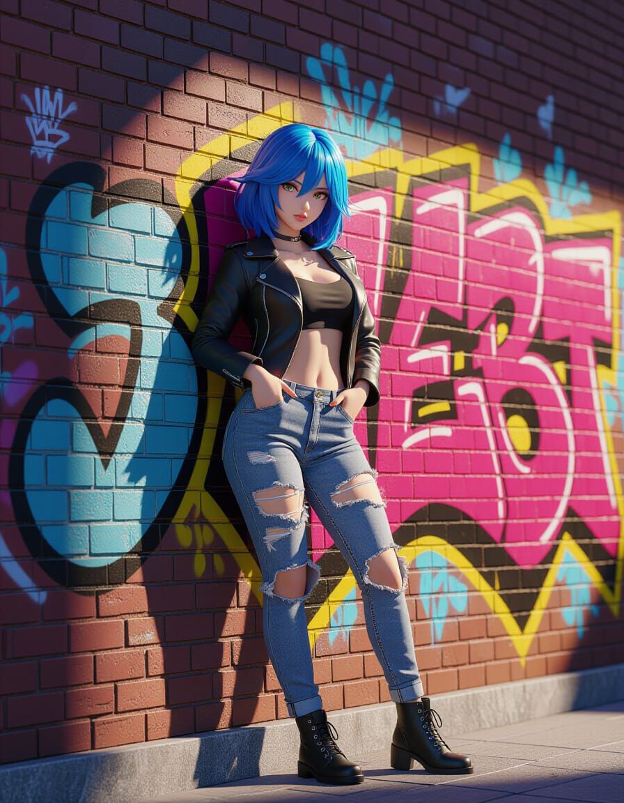 Street Fashion Portrait: Blue Haired Woman in Leather Jacket