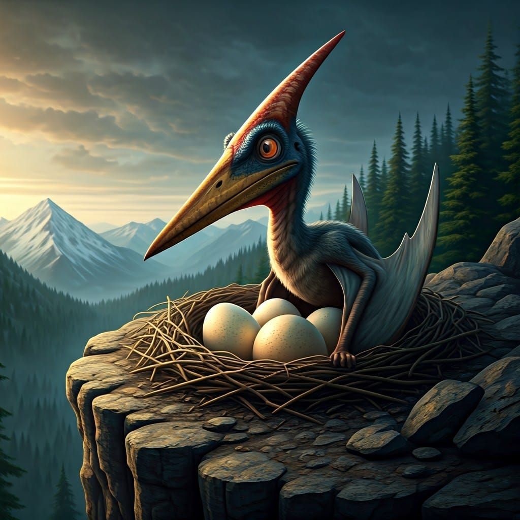 Hyperrealistic Pteranodon by Nest in Rocky Mountains