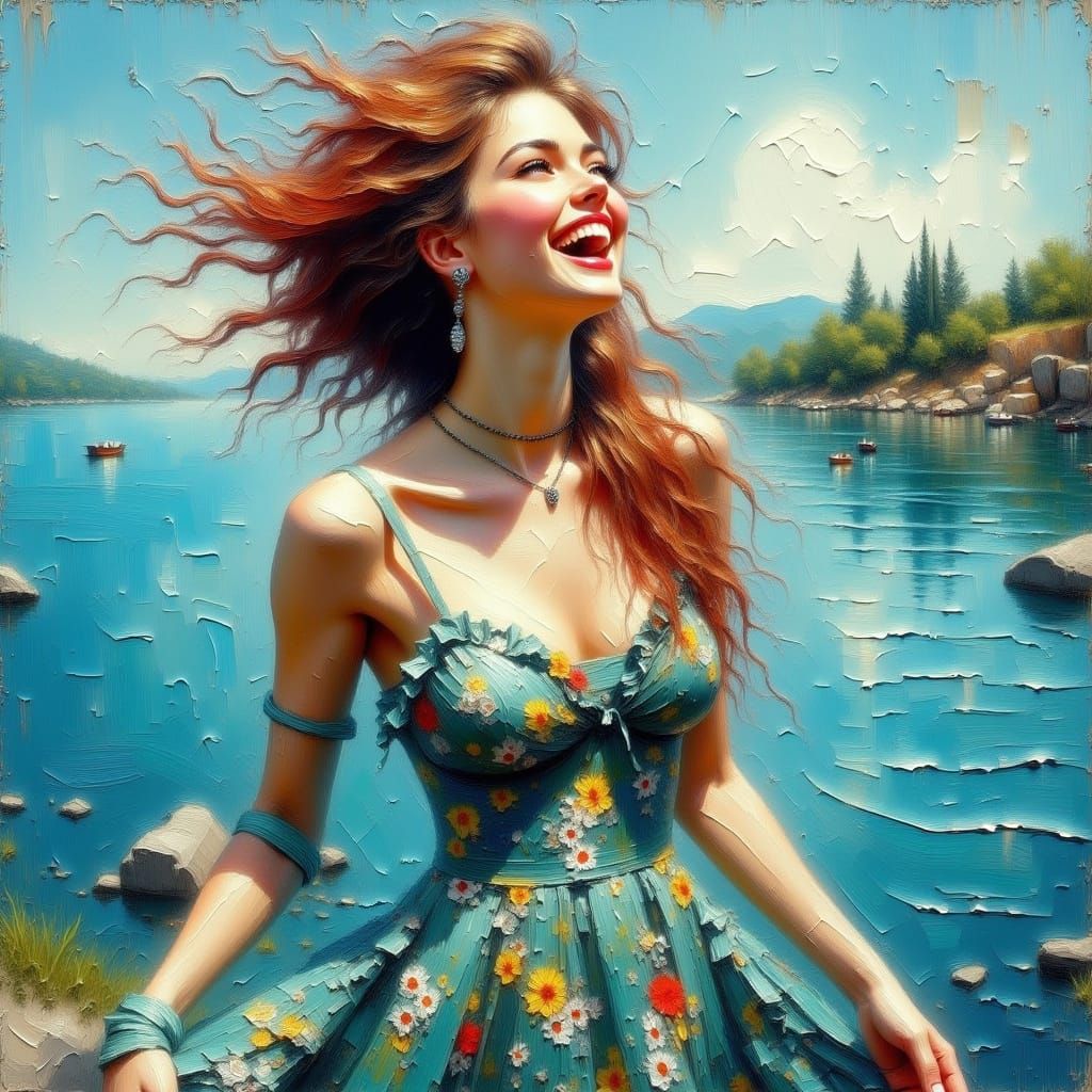 Woman joyful Man laughing, floral dress standing at the edge...