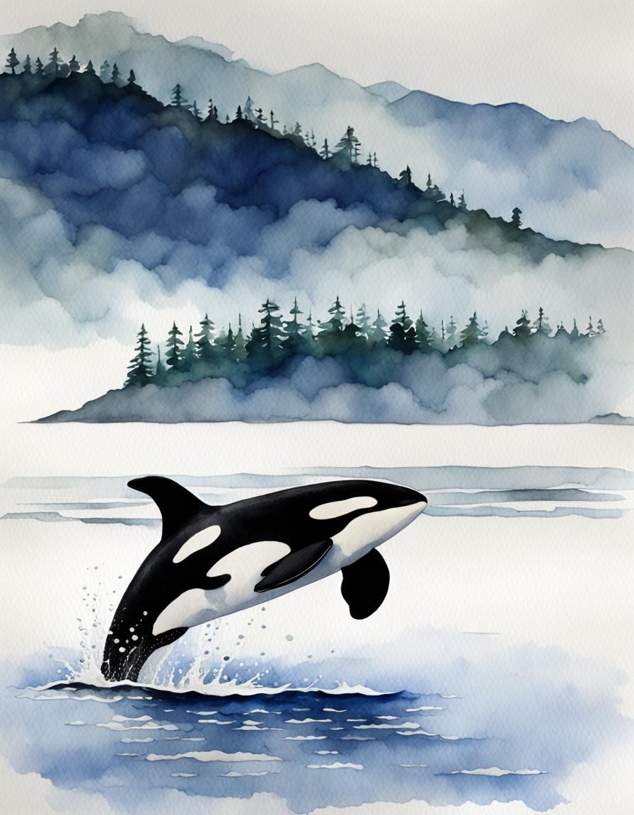 Orca in Pacific Sound: Watercolour Painting