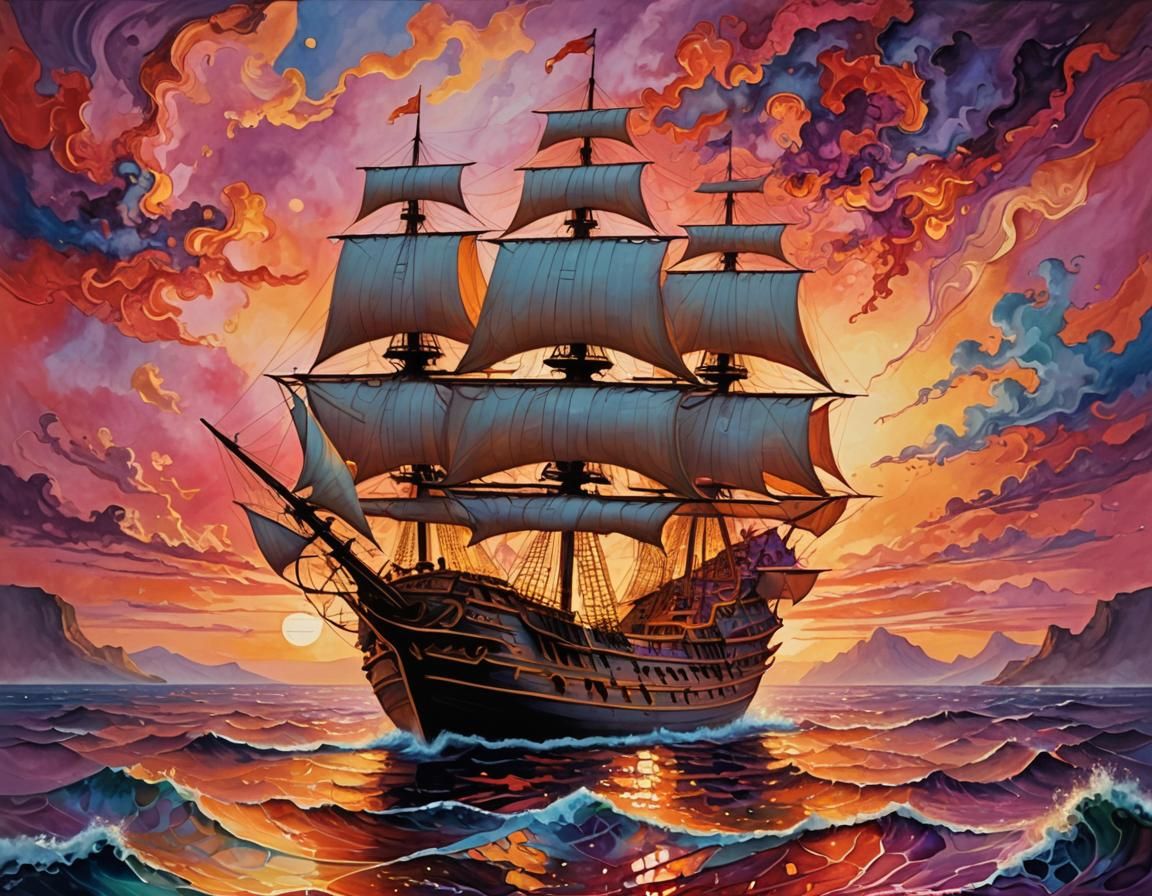 Psychedelic Galleon Sailing Beyond a Dreamlike Sunset