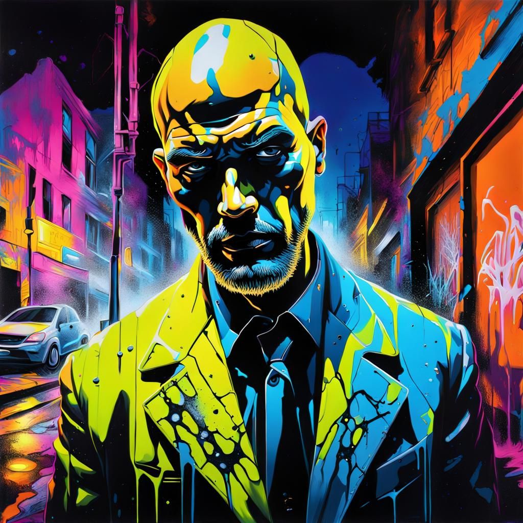 Neon Hero Emerging from Gothic Street Art