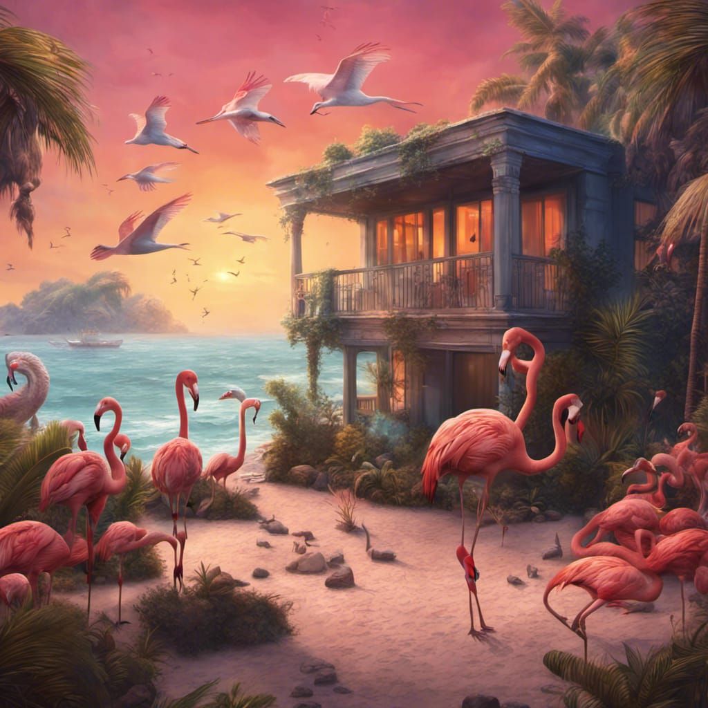 Beach House Paradise with Dinosaurs, Detailed Matte Painting