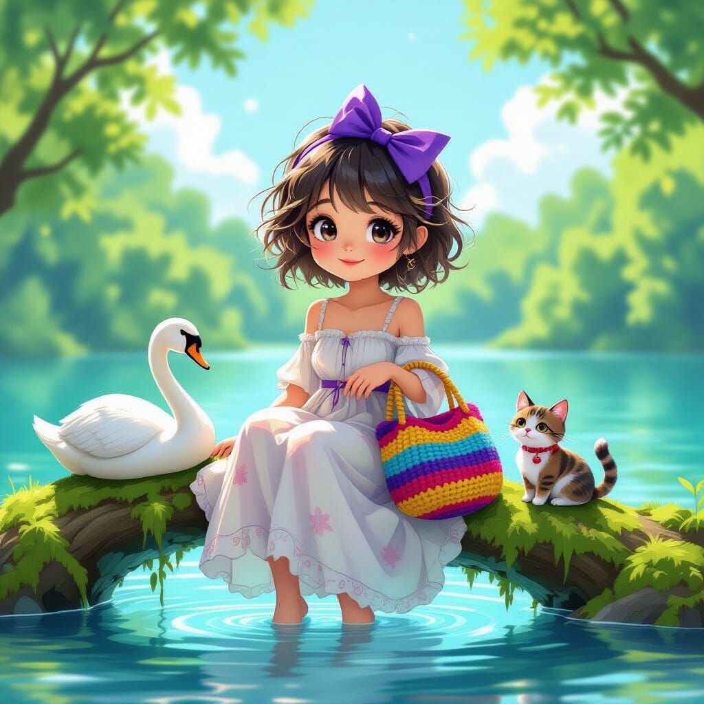 Girl with Cat on Branch in Painterly Style