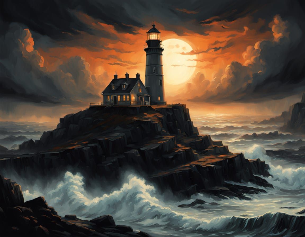 Weathered Lighthouse on Rocky Outcrop in Dramatic Light