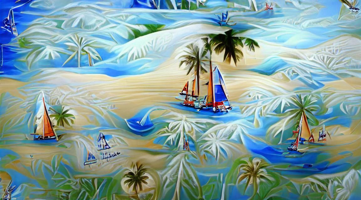 Tropical Beach with Sailboat: Detailed Painting