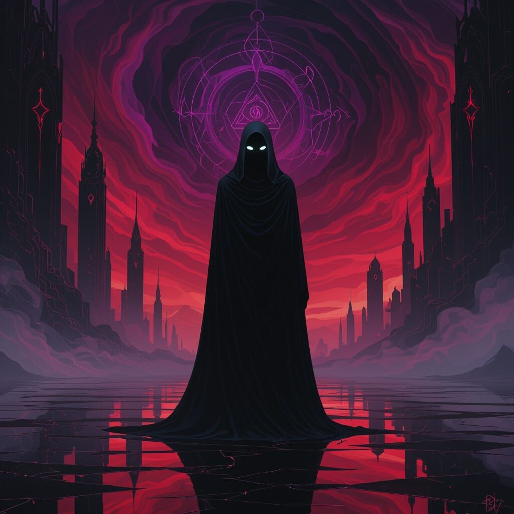 Masked Figure in Gothic Dreamscape: Dark Futurism