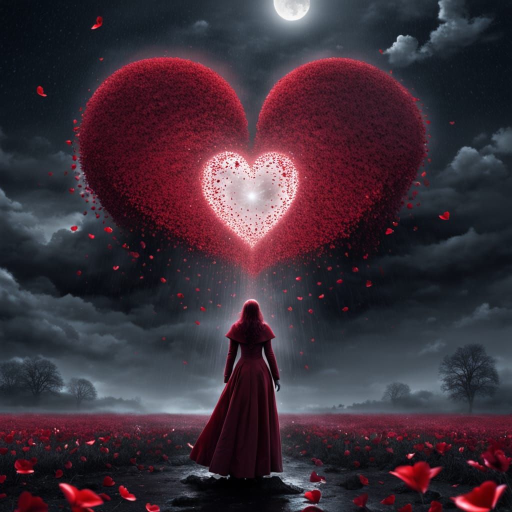 Heart-Shaped Crimson Eclipse Rains Petals on Lonely Figure