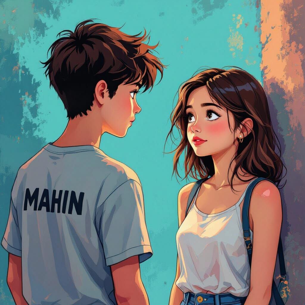 Boy Gazing at Girl: Vibrant Digital Art