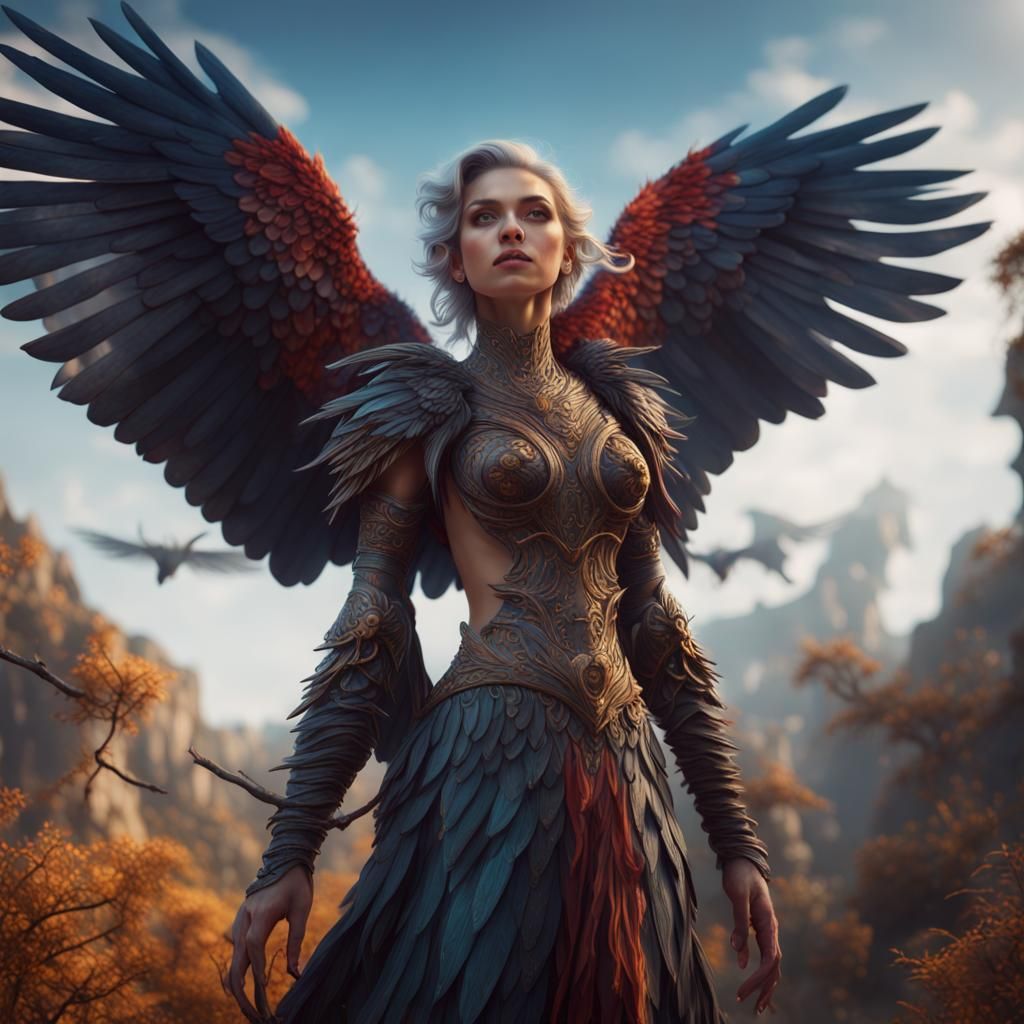 Fantastical Bird Woman Hybrid in Detailed Matte Painting