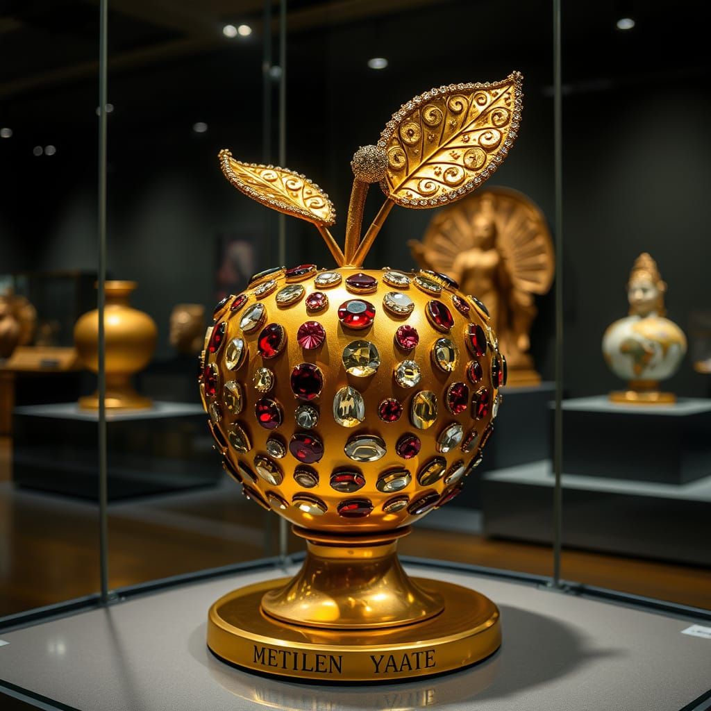 Luxurious Golden Apple Displayed in a Museum Setting