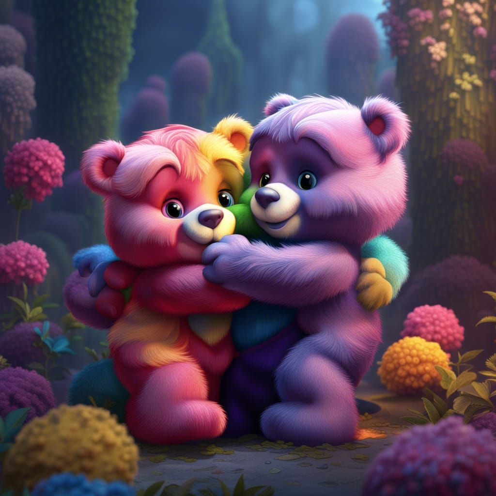 Care Bears Hugging: Detailed Matte Painting