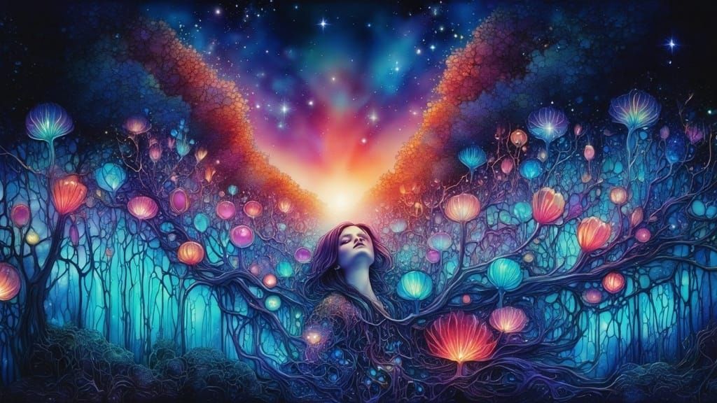 Art Nouveau Portrait with Bioluminescent Flora