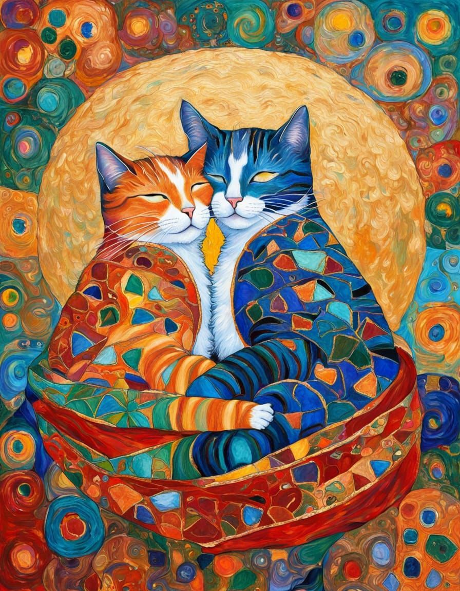 Cats' Embrace: A Klimt-Inspired Impasto Painting