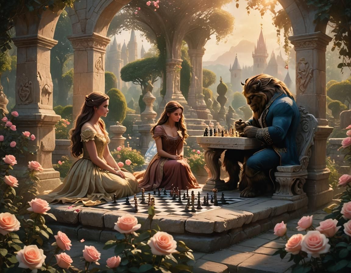 Beauty and the Beast in Rose Garden, Fantasy Art