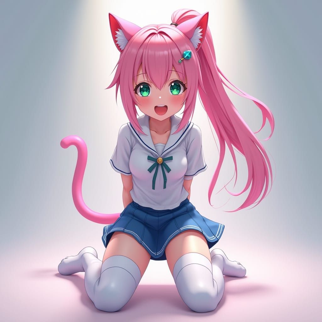 Excited Anime Girl with Pink Hair and Cat Ears