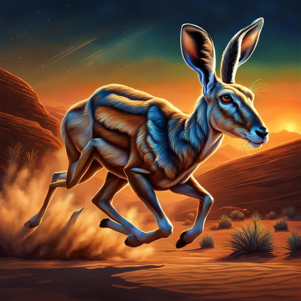 Antelope-Jackrabbit Hybrid Running in Desert Night