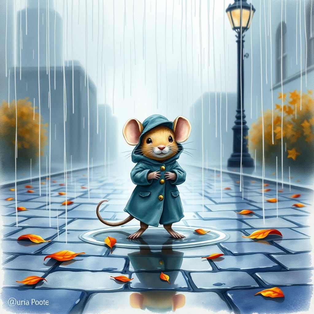 Whimsical Mouse Defies the Rain in Watercolor Style