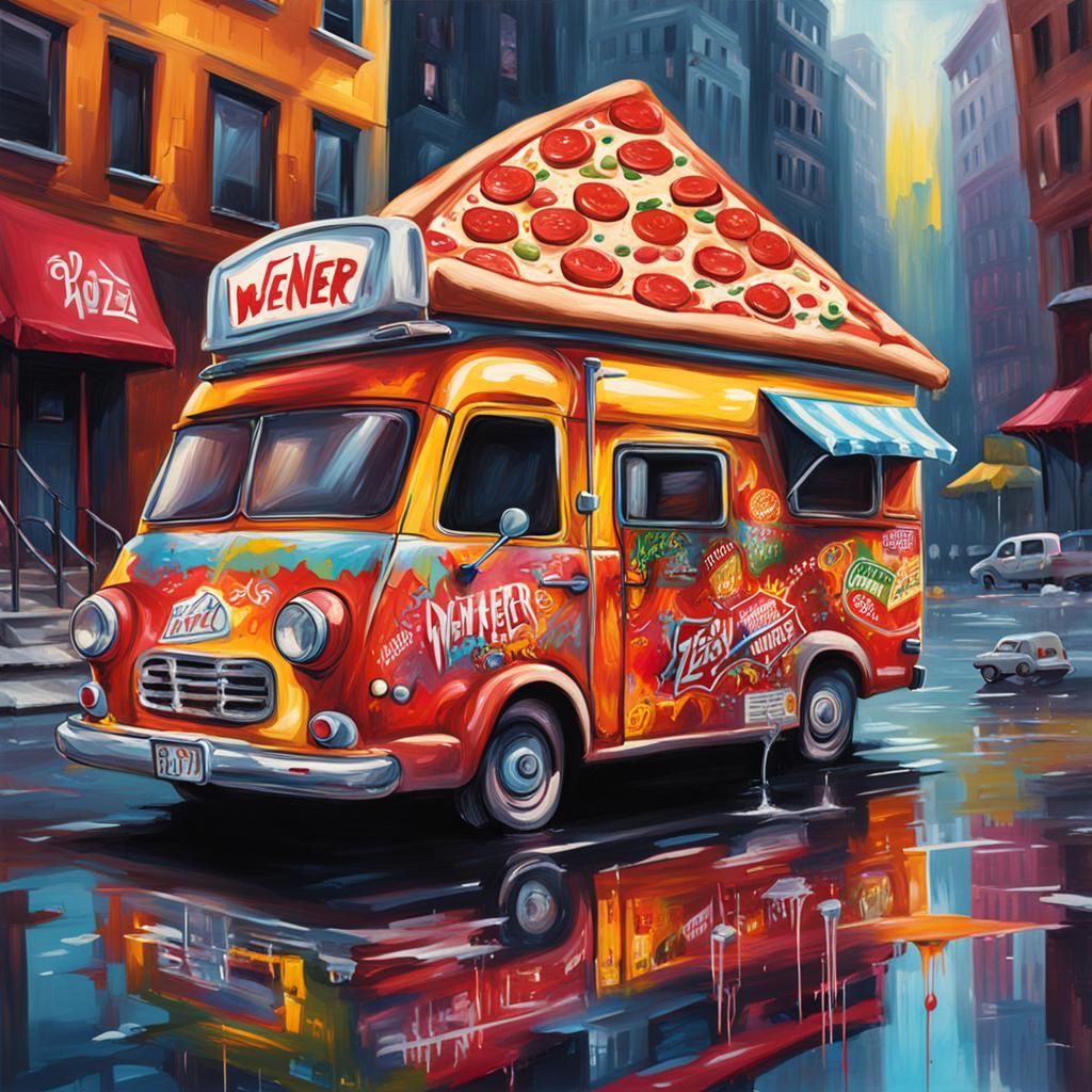 Whimsical Weiner Mobile Pizza in Graffiti Art