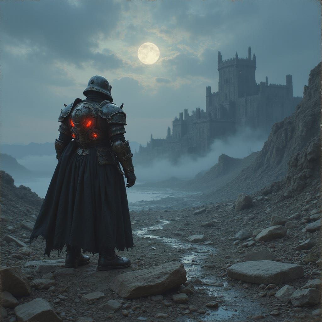 Armored Soldier in Gothic Steampunk Ruins