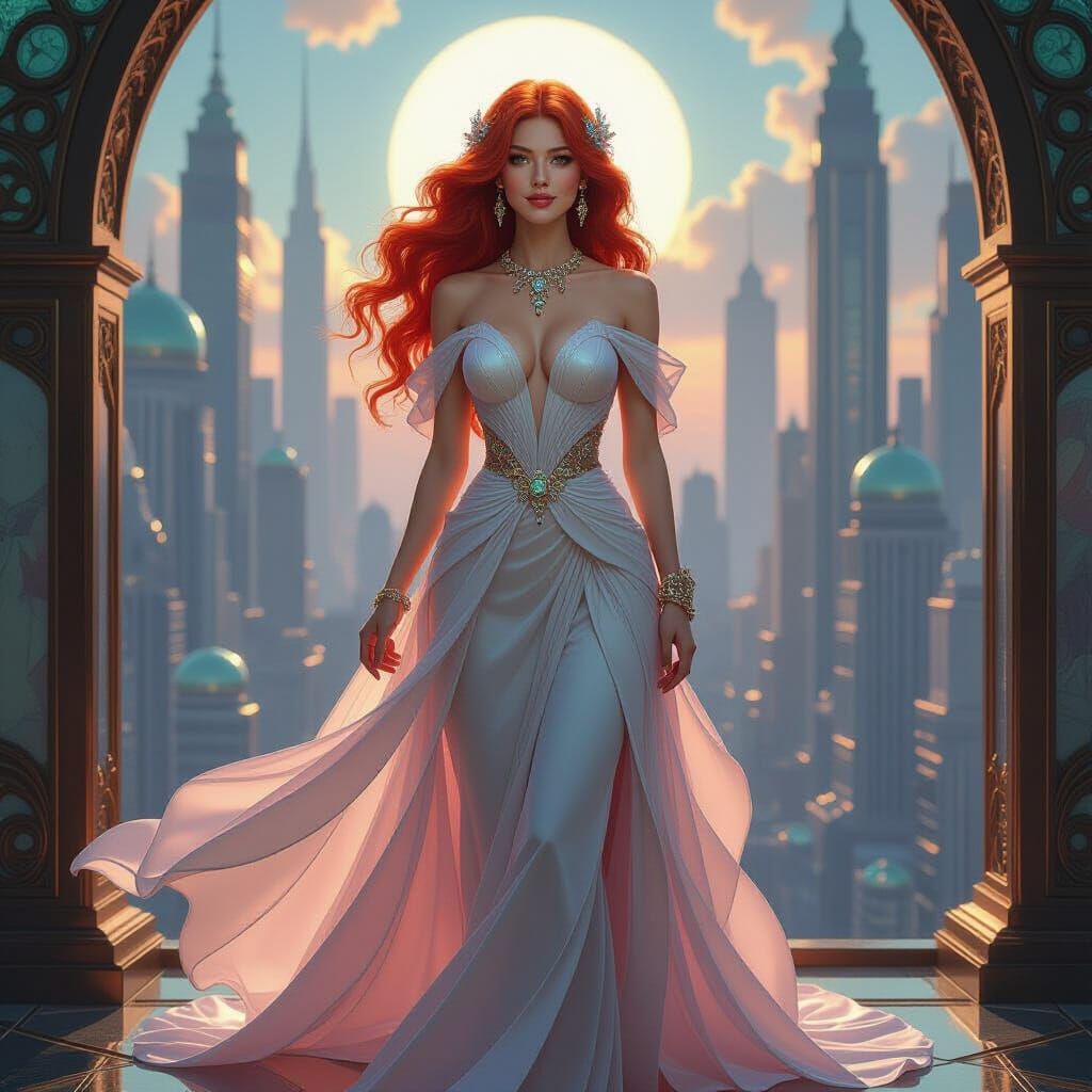 Bioluminescent Woman in Solarpunk Cityscape