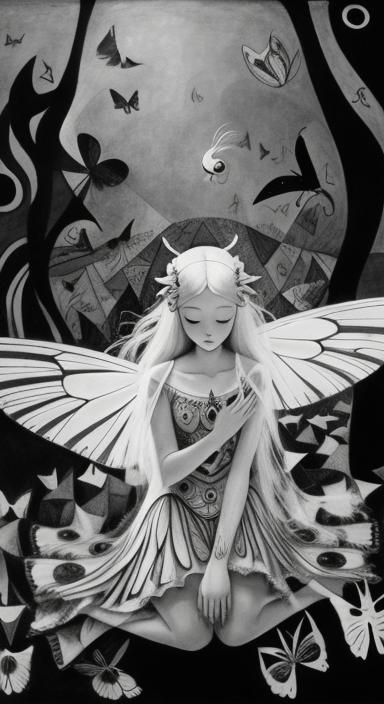 Butterfly Fairy in Surreal Dreamscape, Grayscale Art
