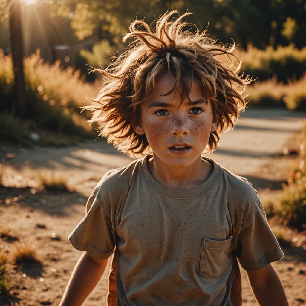 Boy Running: Cinematic Film Still in Warm Tones