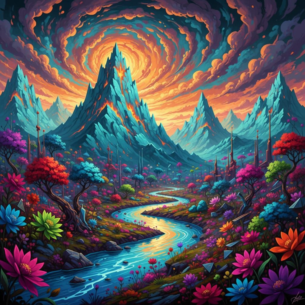 Turquoise Mountains at Sunset with Electric Blue River