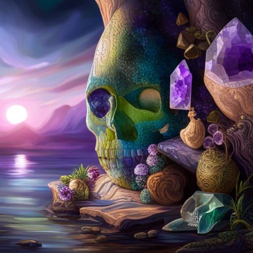 Exquisite Gemstones and Green Crystal Skull Display