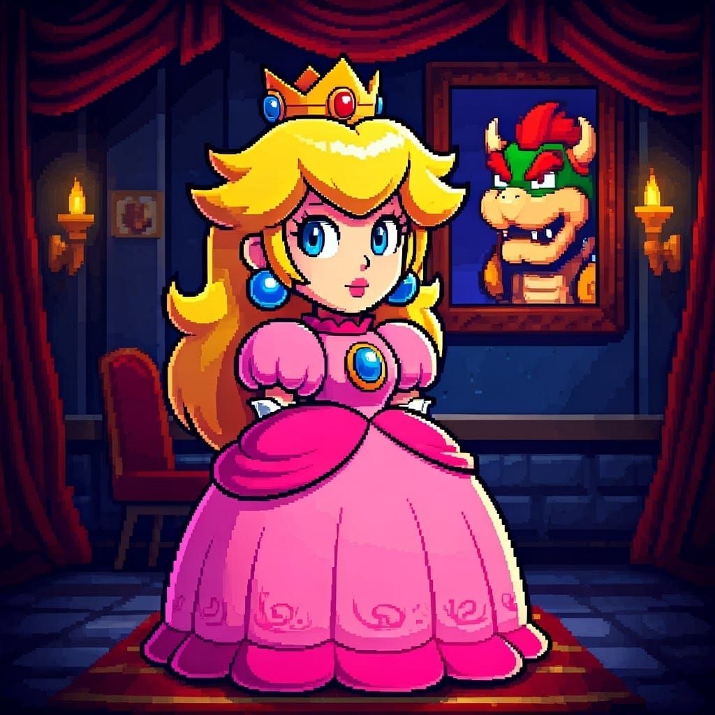 A 16 Bit Princess Peach Portrait in a Darkened Castle