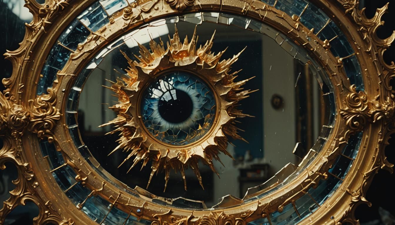 Fractured Mirror with Liquid Gold in Cinematic Style