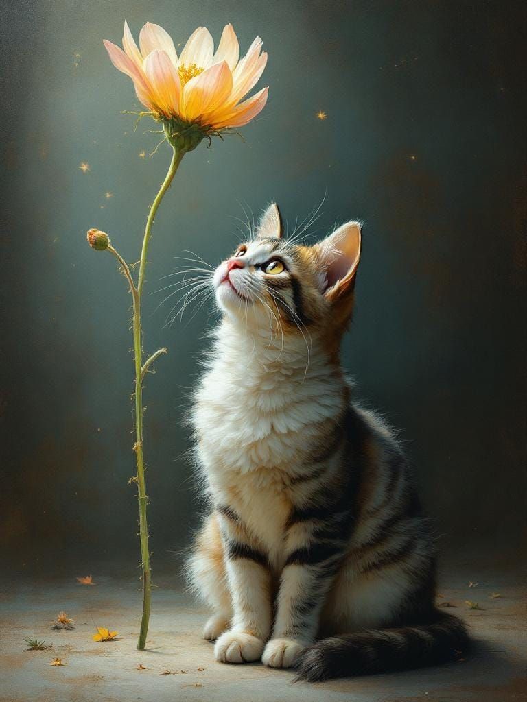 Cat and Flower: Sfumato and Raw Brushwork Fusion