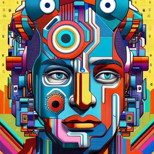 Cyborg Pop Art Portrait in Geometric Cityscape