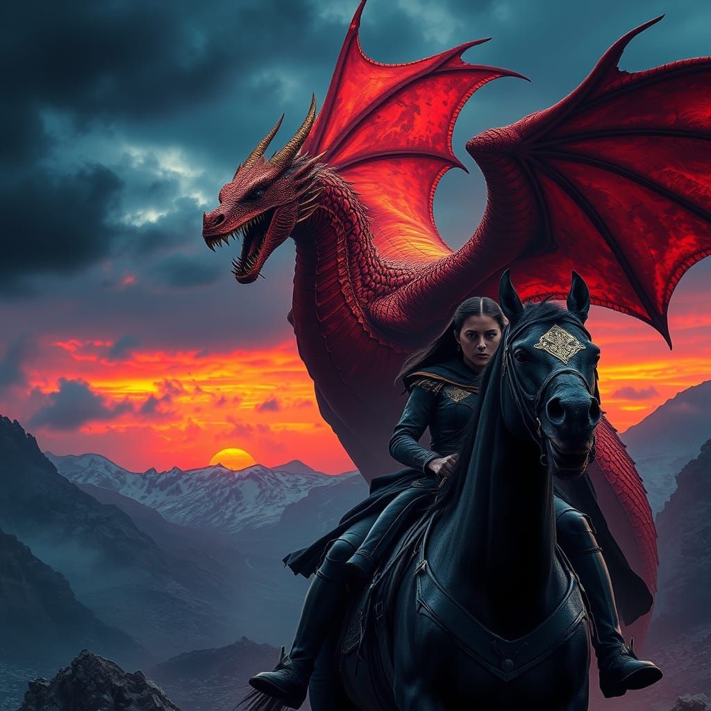 Dragon and Champion Guarding Desolate Mountains