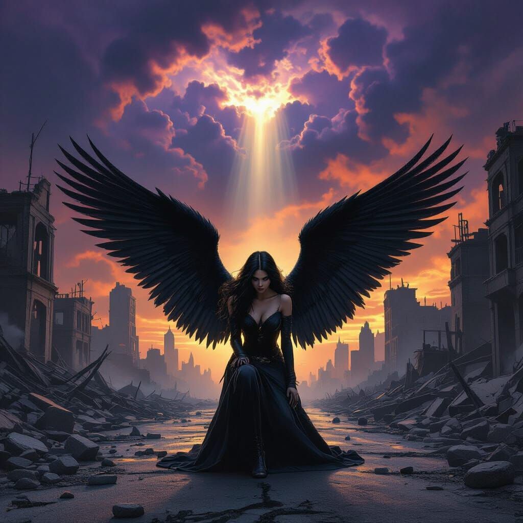 Black Angel Lands in Dystopian City Ruins