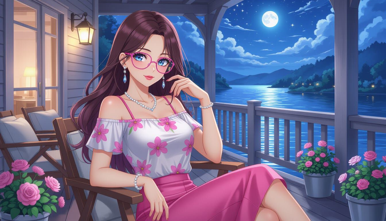 Elegant Woman on Lakehouse Porch in Anime Style