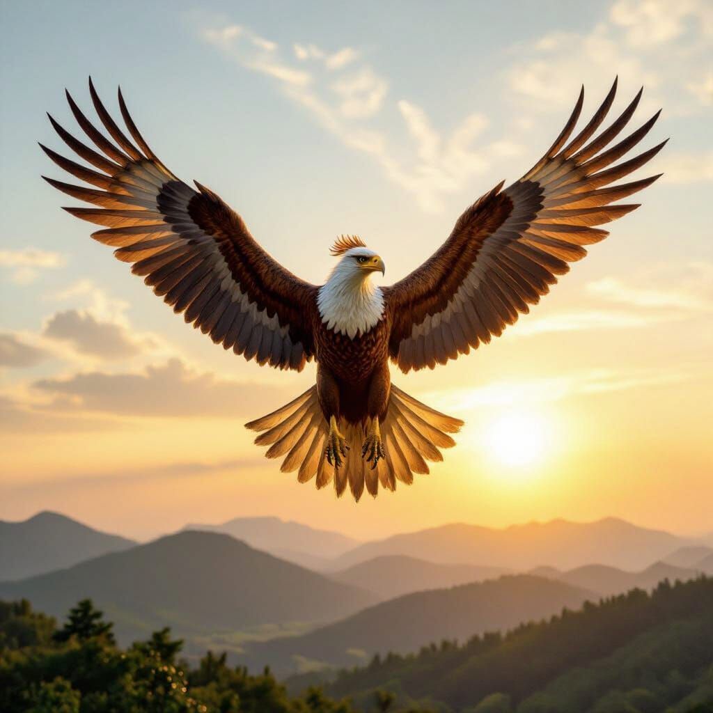 Griffin Soaring in Sunlit Sky, Hyperrealistic Style