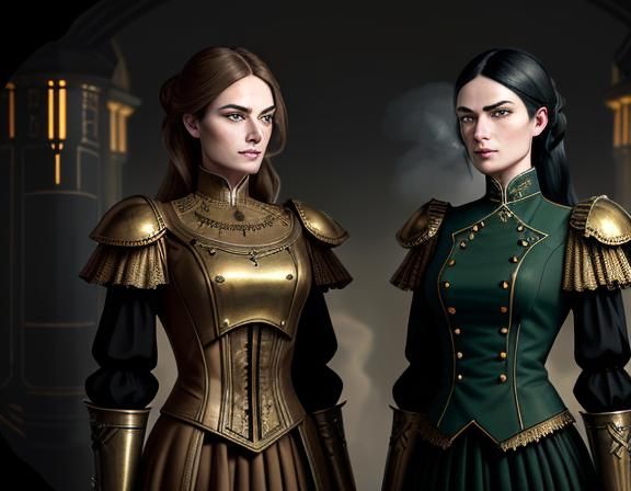 Steampunk Twins in Time Machine: Dark Fantasy Art