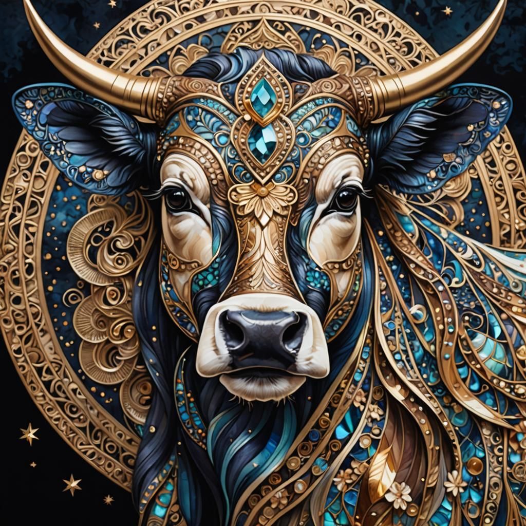 Celestial Cow Goddess Portrait in Zentangle Style