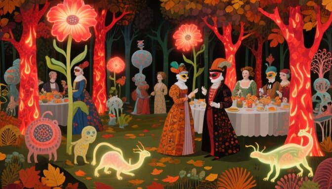 Surreal Garden Party with Bioluminescent Flora