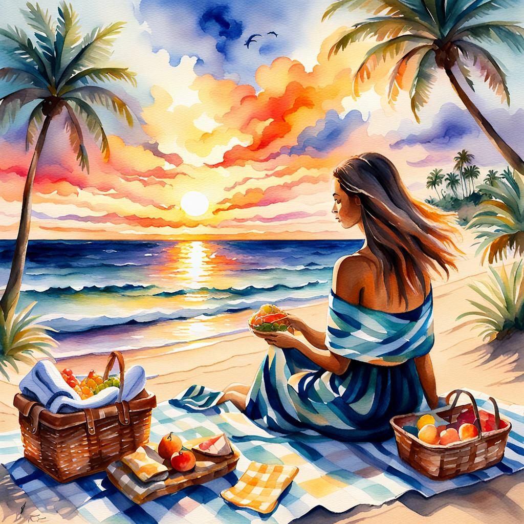 Girl's Beach Sunset in Watercolor Style