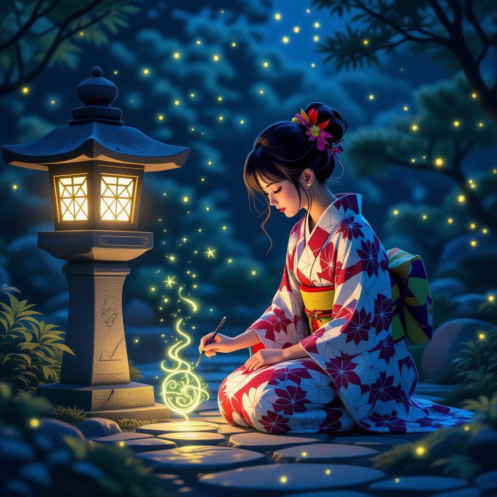 Midnight Garden Witch Drawing Neon Sigils