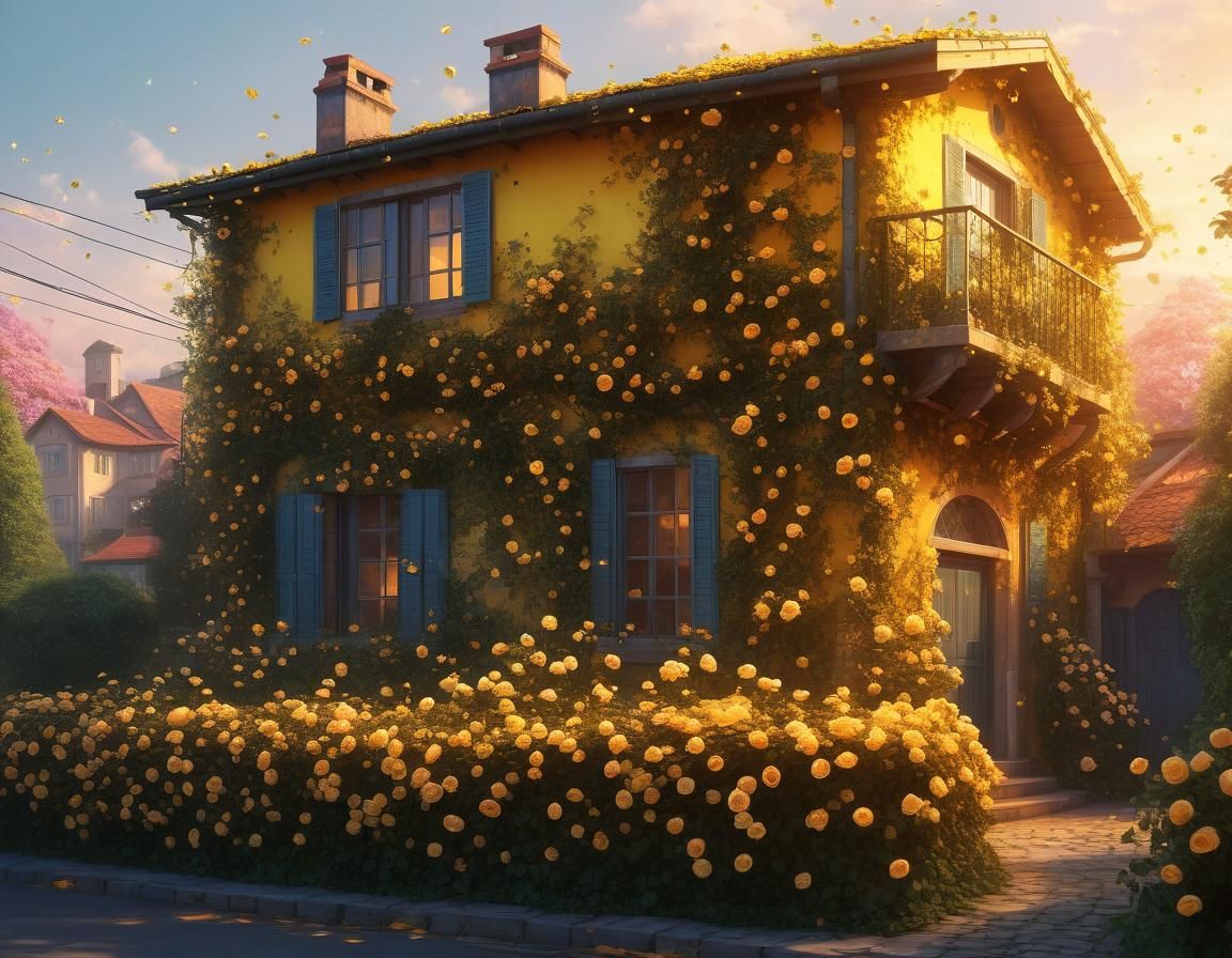Ethereal House with Climbing Roses in Anime Style