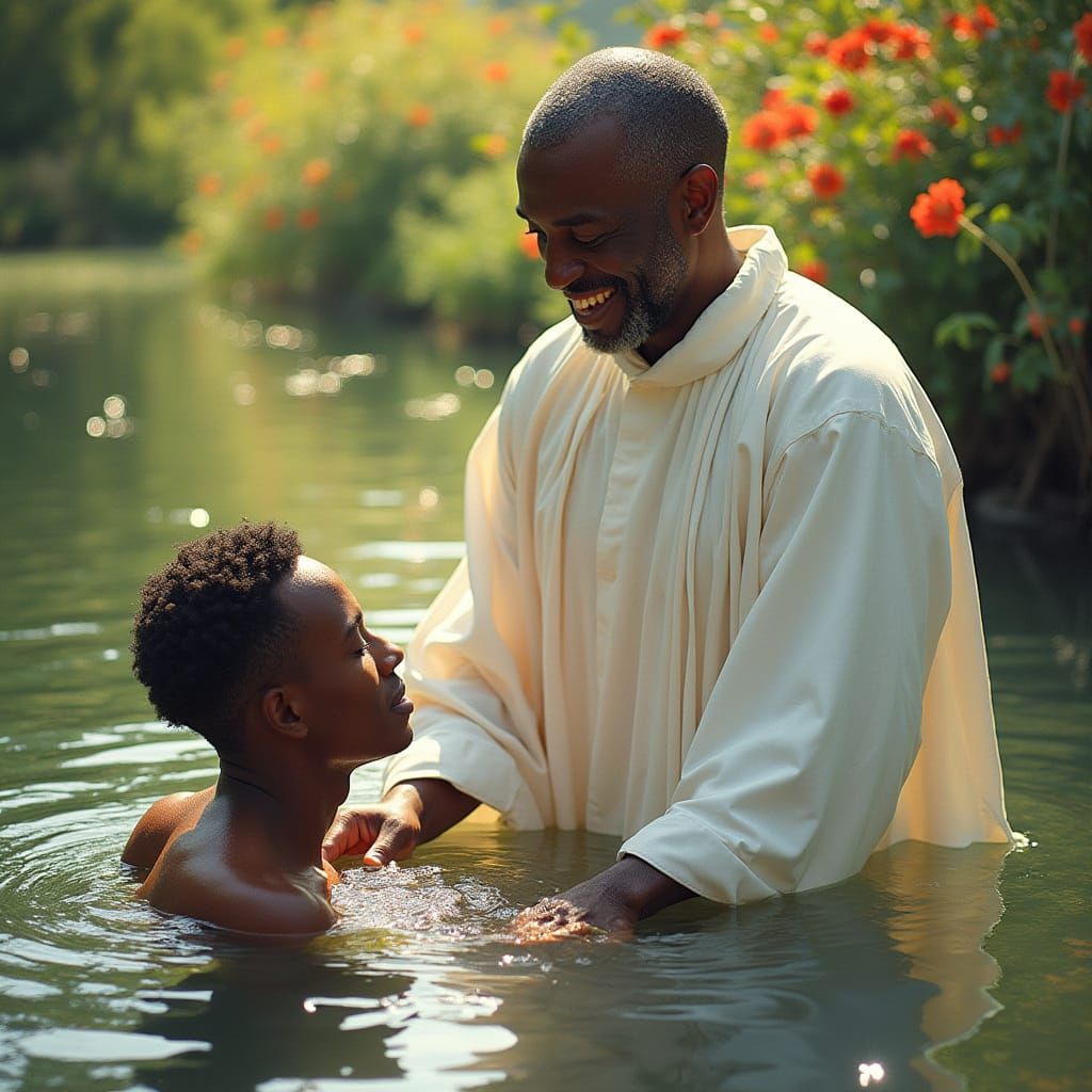 African-American Pastor Performs Baptism in Serene Lake Sett...