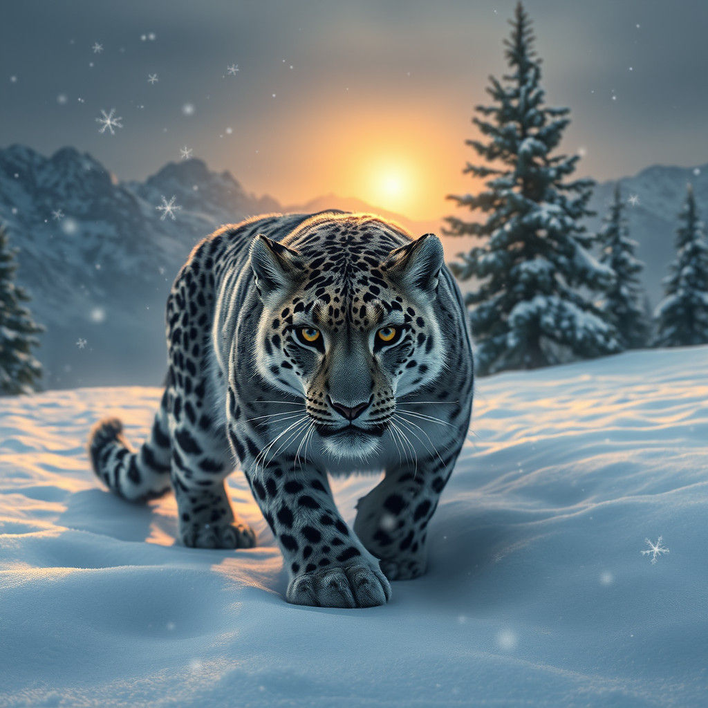 Snow Leopard Hunting in Winter Mountain Landscape