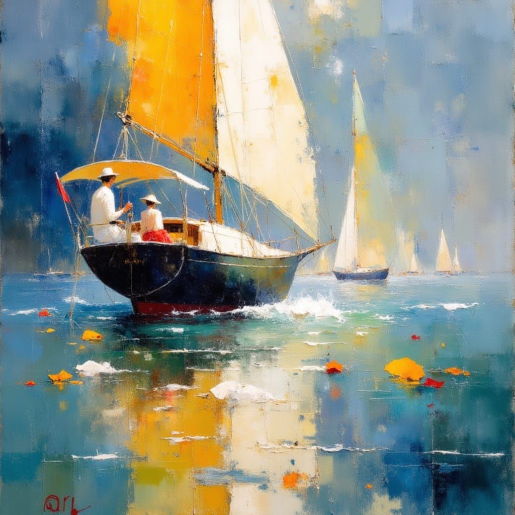 Sailing Boat on Sparkling Sea: Impressionist Style