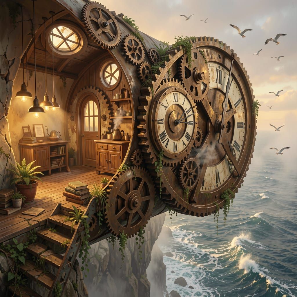 Cozy Lighthouse Clock Home Perched on Sea Cliff